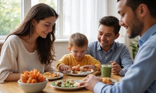 Rodzina jedząca posiłek wspólnie, symbolizująca wzmocnioną odporność i ochronę przed chorobami dzięki zdrowemu odżywianiu.