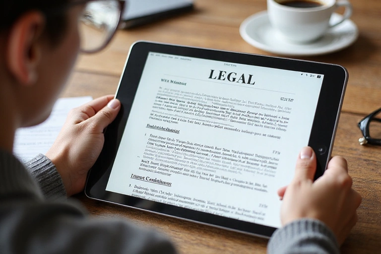 Osoba czytająca dokumenty prawne na tablecie, z filiżanką kawy i okularami na biurku. Scena symbolizuje uważne zapoznawanie się z warunkami.